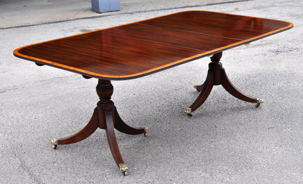 Fine Sheraton Style Inlaid Mahogany Two Pillar Dining Table - Inv. #10807